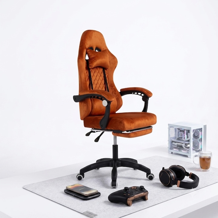 Ергономичен офис и гейминг стол GRIND, USB функция за масаж, Поставка за крака, Накланящ се, Кадифена тапицерия, 2 включени възглавници, Поддържано тегло 150 кг, Оранжев