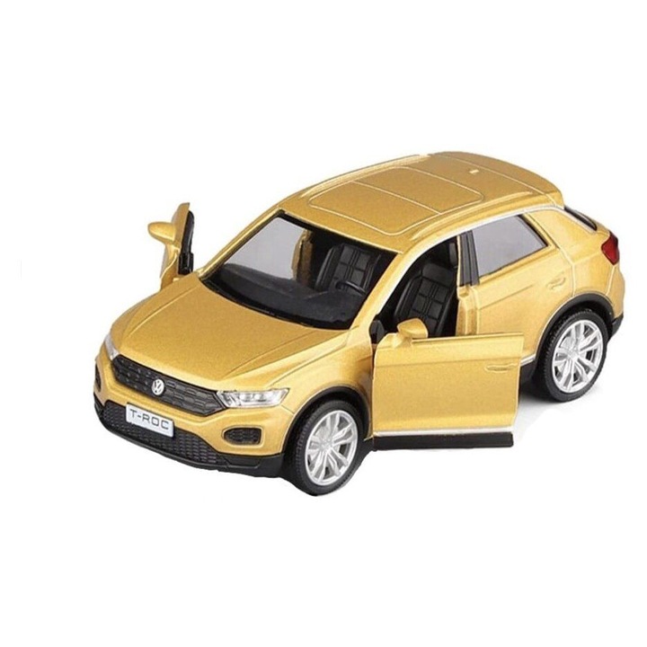 Volkswagen T-Roc modellautó, arany színű, 1:32 méretarányú fém replika nyitható ajtókkal és visszahúzós mechanizmussal, saját doboz nélkül