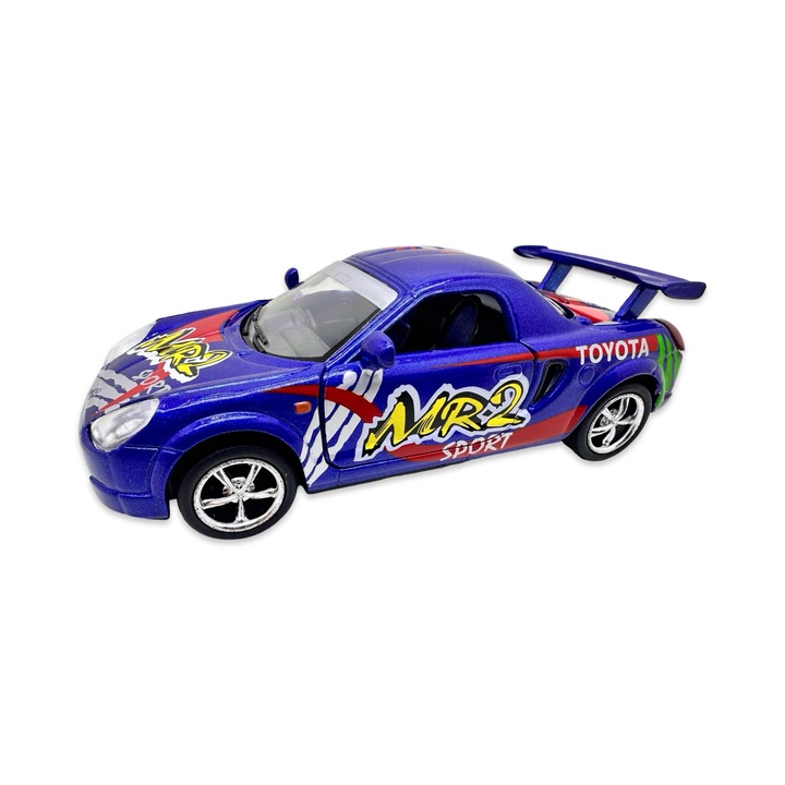 Toyota MR2 kék versenyautó modell nyitható ajtókkal és visszahúzós mechanizmussal, saját doboz nélkül