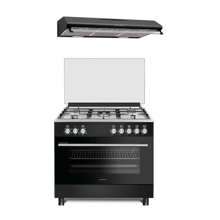 Pachet Aragaz mixt Studio Casa Bergamo FE90/60 Nero si hota clasica 90 cm. Neagra, Cuptor electric, 5 arzatoare gaz- dintre care unul Wok, 90 cm, Rotisor, Gratare fonta, Negru