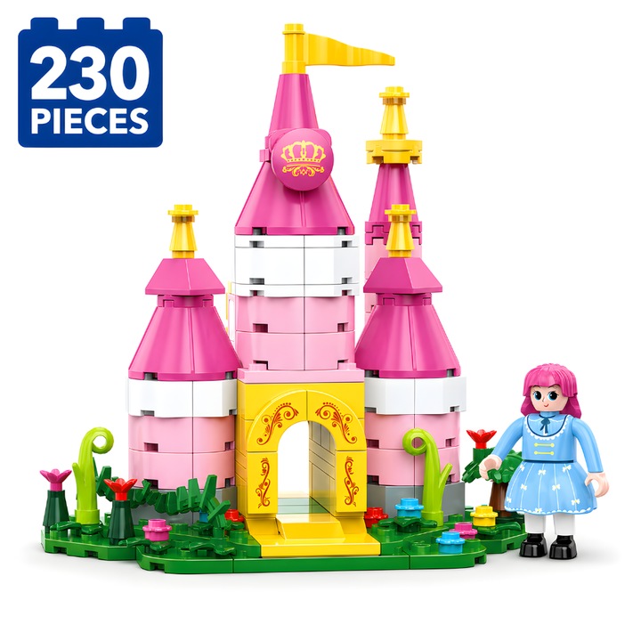 Set de Constructie cu Piese Tip Blocuri Constructie 230 Piese MiniBric® Mini Pinky Castle, Colectia Fairytale Dream, Castel, Flori, Figurina, Pentru Fete, 2025- DS, Cadou Ideal Pentru Fetite Pasionate de Jucarii de Constructie