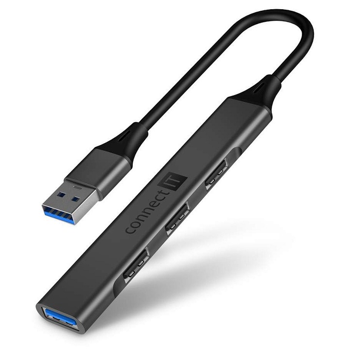 Connect IT Quattro USB-A elosztó, 4 portos, antracit, 94x17x8mm
