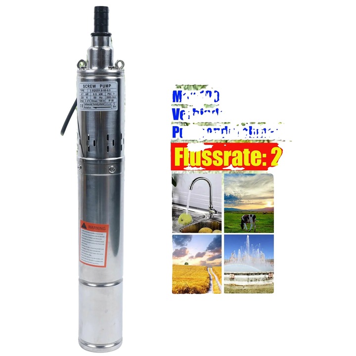 Потопяема помпа за вода, 2000 л/ч, 100 м, инокс, 230V, 15м кабел