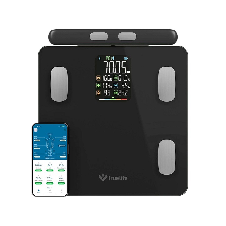 Кантар за тяло TrueLife FitScale W8 BT, биоимпеданс, черен, 30x33.4x3.4см