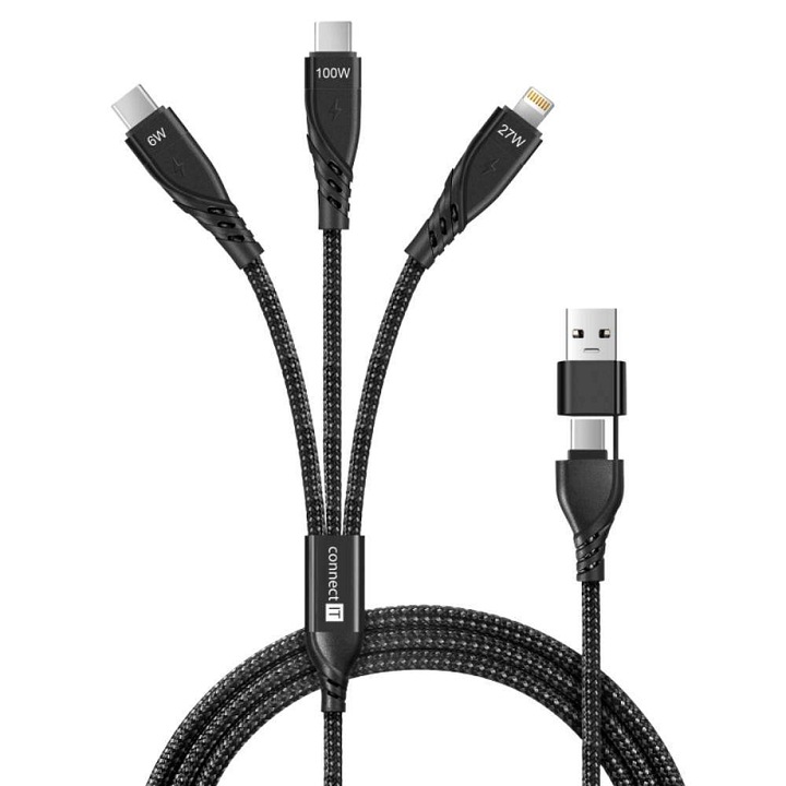 Connect IT Wirez 6in1 töltőkábel, USB-C Lightning, fekete, 125cm