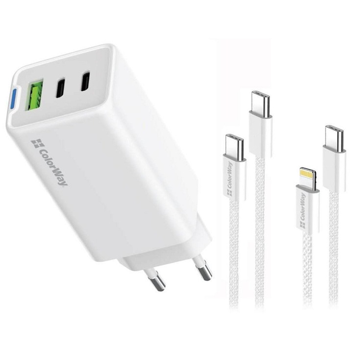 ColorWay CW-CHS058PDCL-WT töltő, 65W, 3 port, fehér, kompakt