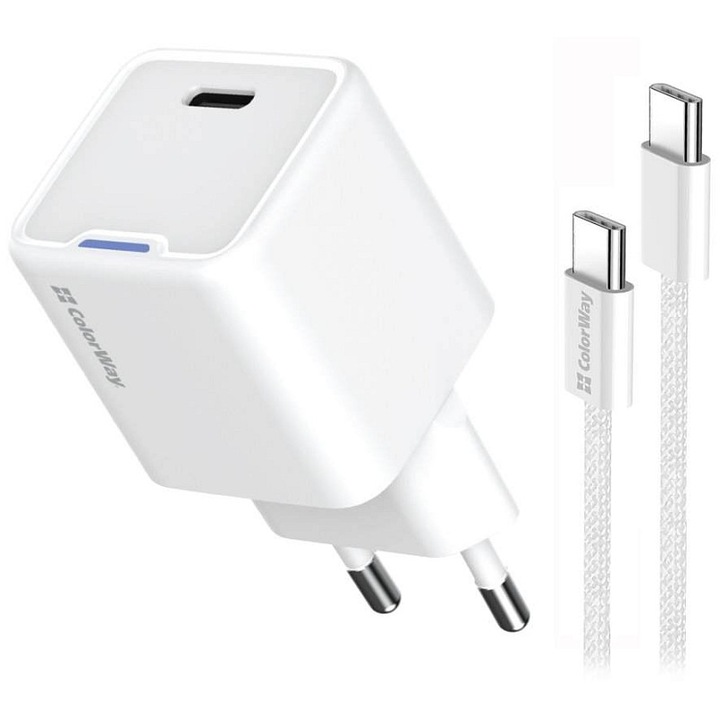 ColorWay USB-C GaN PD PPS 30W töltő, fehér, 100cm