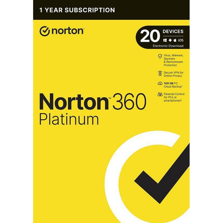 Antivirus Norton 360 Platinum, 20 dispozitive, 1 an, multicolor