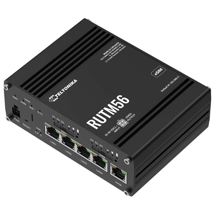 Teltonika RUTM56 ipari router, kettős modem, 5G, 5x RJ45 Gbit, Wi-Fi 5, fekete, 132x95x44mm