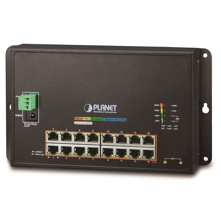 PLANET WGS-4215-16P2S menedzselhető switch, 16 portos PoE, fekete, 245x140x24,4mm