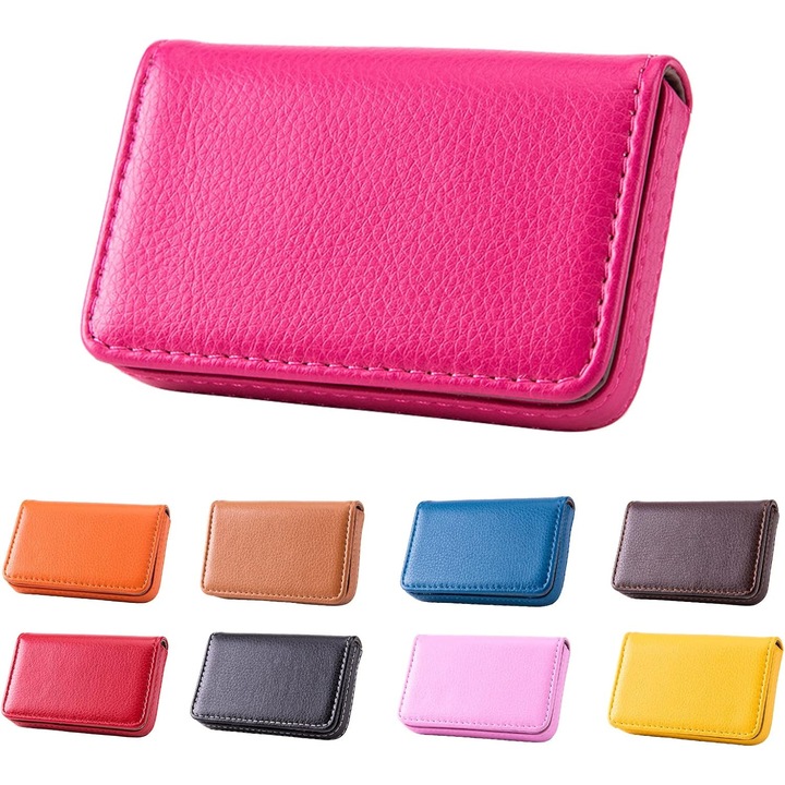 Suport carti de vizita, piele PU, capacitate mare, rosu trandafir, 10.2x6.5x1.8cm