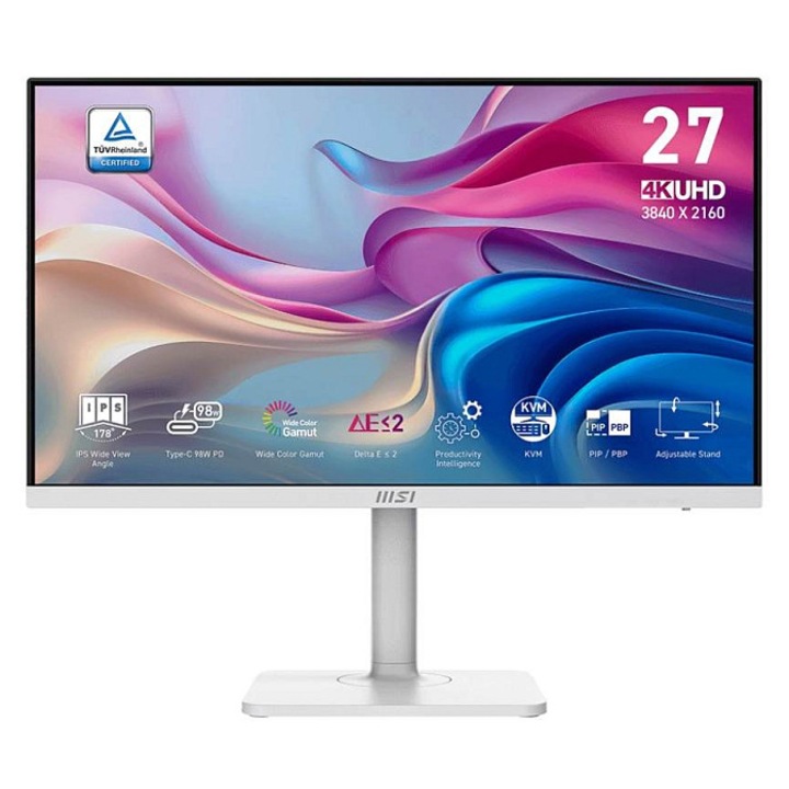 Monitor MSI Modern MD272UPHW, 27", IPS, 4K UHD, fehér, 613.5x362.3x63.8mm