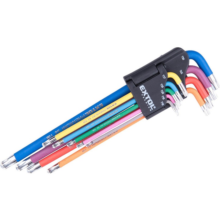 EXTOL PREMIUM színes, hosszú L-alakú TORX kulcskészlet, gömbfejjel, 9 db, T10-50 S2