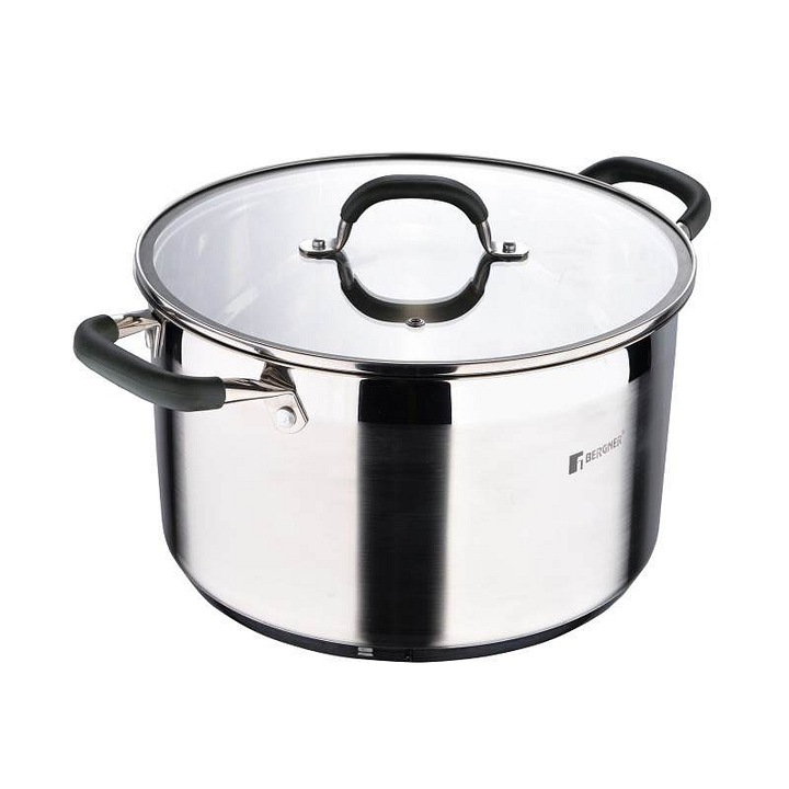 Bergner Midnight lábas, rozsdamentes acél, 28x16.5cm, 9.5L, zöld üvegfedő, szilikon fogantyúk