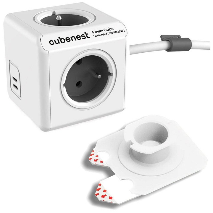 Cubenest PowerCube Extended elosztó, 4 aljzat, 2x USB-C, 35W, fehér-szürke, 1.5m