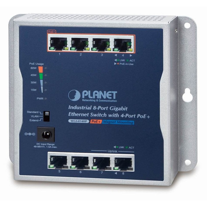 Ipari switch PLANET WGS-814HP 8 portos 1Gb PoE 60W kék-ezüst 148x134x25mm