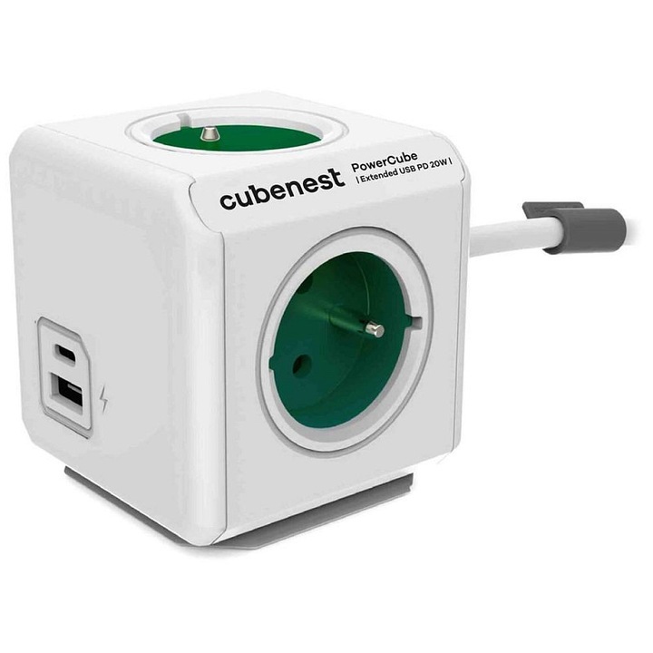 Cubenest PowerCube Extended elosztó, 4 aljzat, USB-A+C, 20W, fehér-zöld, 1.5m