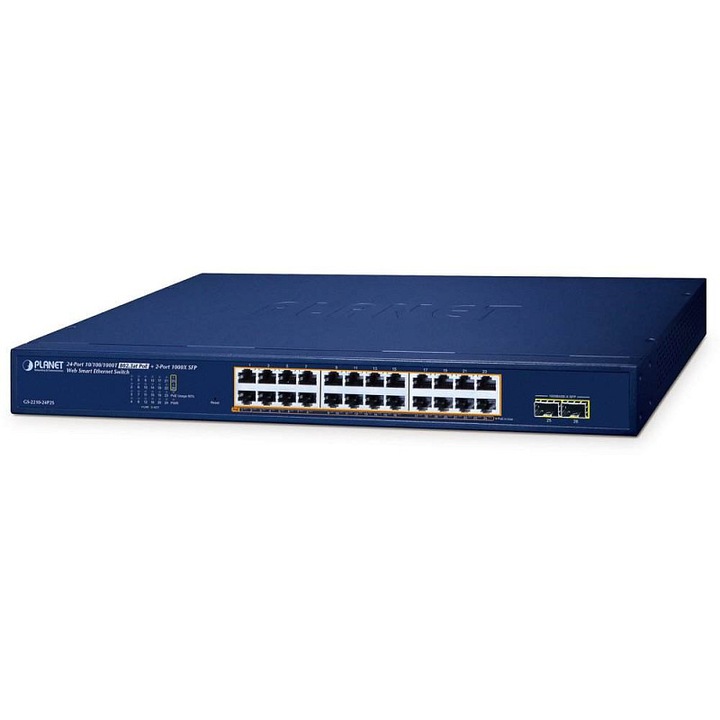 PLANET GS-2210-24P2S menedzselhető switch, 24 PoE port, 2 SFP, kék, 440x207x44mm
