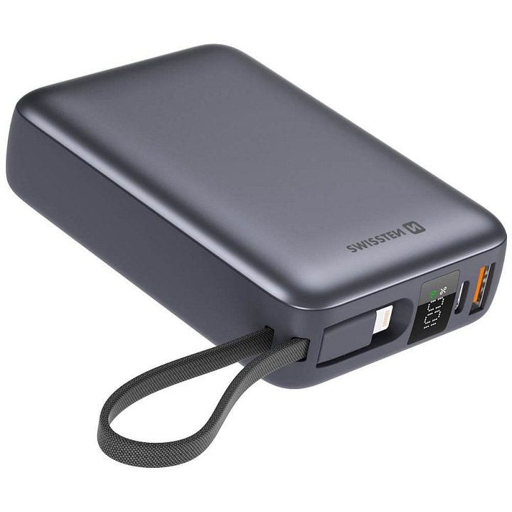 Swissten 20000mAh power bank beépített USB-C Lightning kábelekkel, szürke, 102x71x29mm