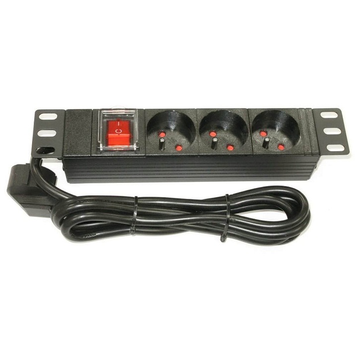 XtendLan 10" elosztópanel, 3 db 230V aljzat, fekete, 1U, 1,8m kábel