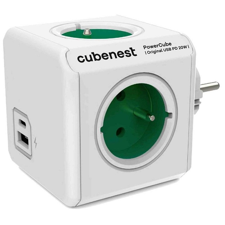 Cubenest PowerCube Original elosztó, 4 aljzat, USB A+C, fehér-zöld, 111x73x73mm