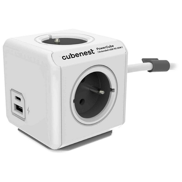 Cubenest PowerCube Extended elosztó, 4 aljzat, USB-A+C, 20W, fehér-szürke, 1.5m
