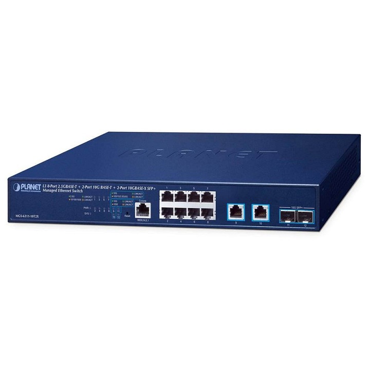 PLANET MGS-6311-10T2X menedzselhető switch, 8x2,5Gb, 2x10Gb, kék, 330x230x44mm