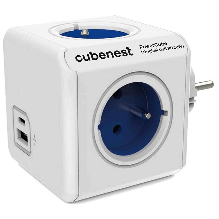 Cubenest PowerCube Original elosztó, 4 aljzat, USB A+C, fehér-kék, 111x73x73mm