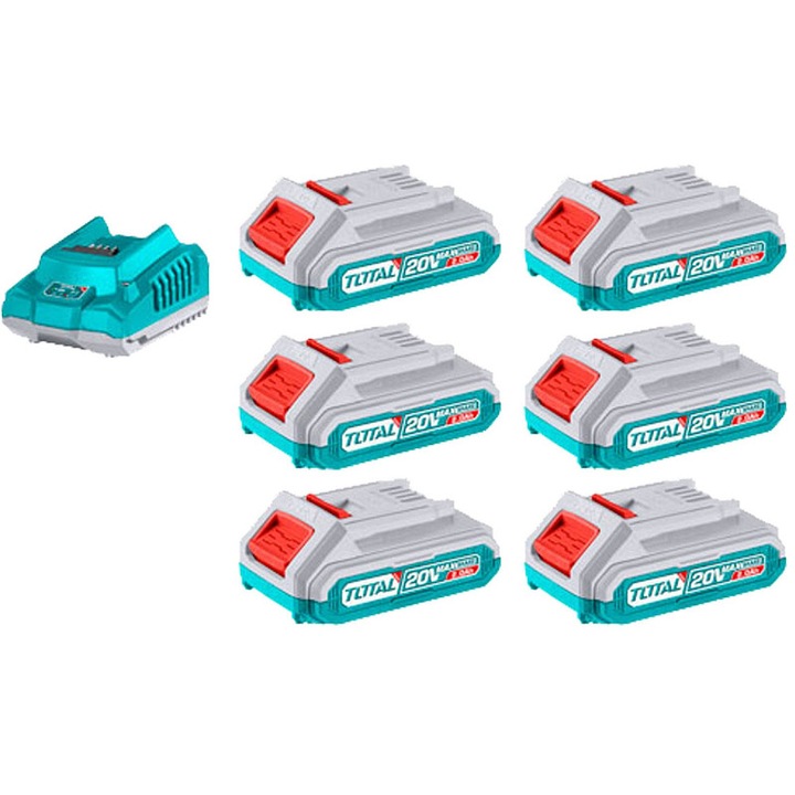 Set 6 baterii 20V Total 2000mAh cu incarcator rapid, negru, 20x15x10cm