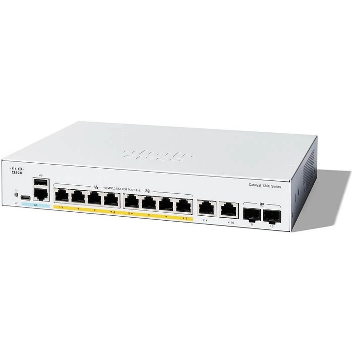 Cisco Catalyst C1200-8P-E-2G switch, 8 port, PoE+, 67W, fanless, 19" rack