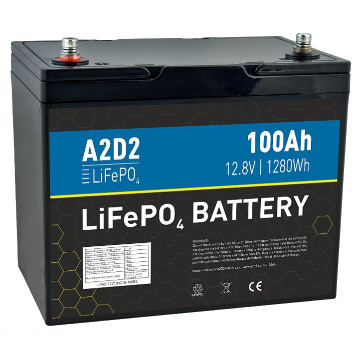 Baterie Avacom A2D2 LiFePO4 12,8V 100Ah M8 260x168x209mm