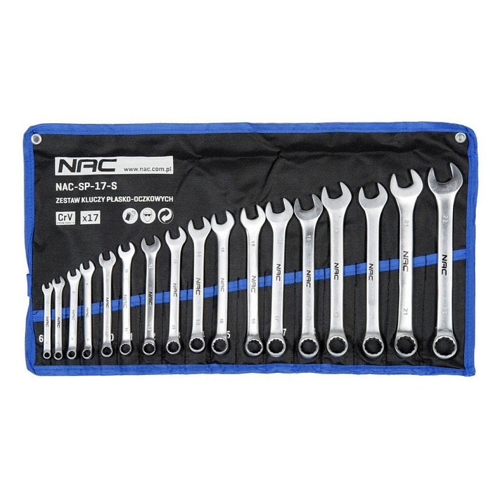 NAC SP-12-S gyűrűs-villáskulcs készlet, 12 darabos, króm-vanádium, 6-22mm, fali tartóval