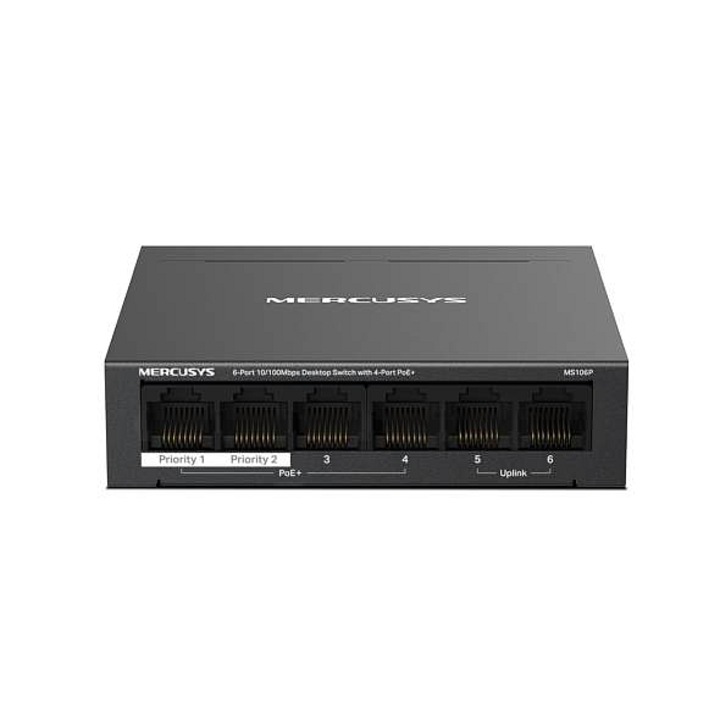Mercusys MS106P switch, 6 port, 4 PoE+, fekete, 99.8x98x25mm