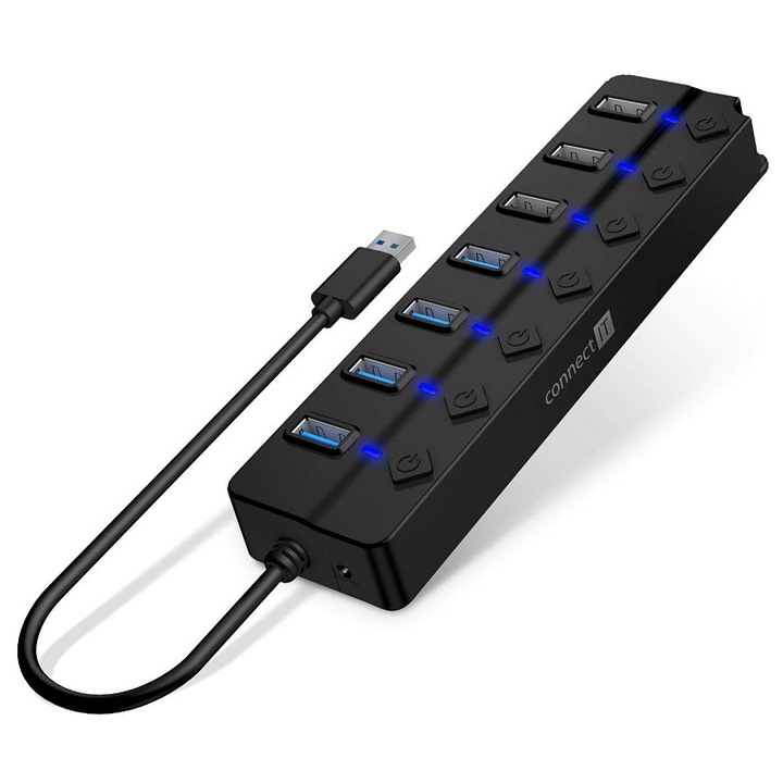 Hub USB Connect IT Mighty Switch 2, 7 port, fekete, 170x45x22mm