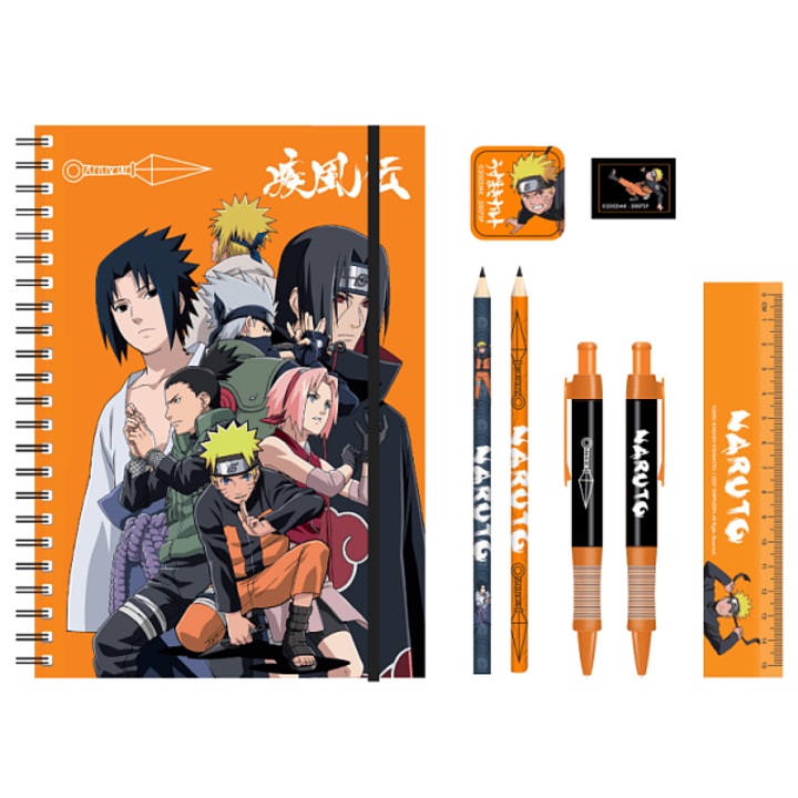 PYRAMID Naruto iskolai készlet, A4-es tömb, 6 színes ceruza, tolltartó, vonalzó, hegyező
