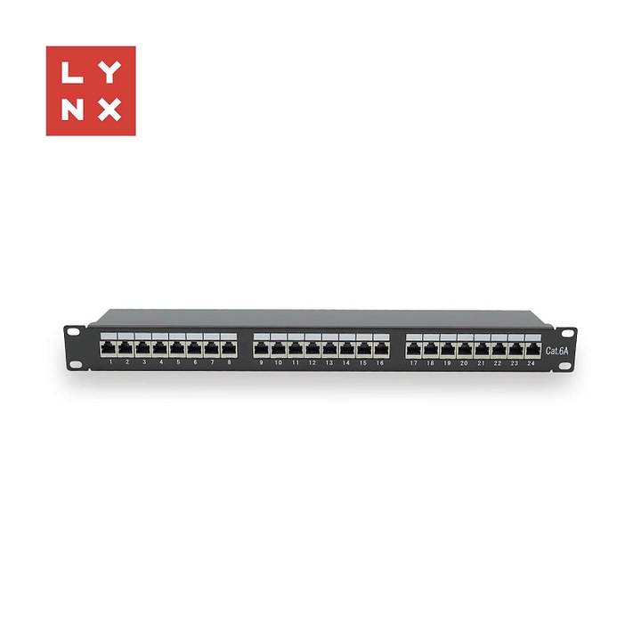 LYNX patch panel 19", 24 port, STP Cat6a, fekete, 19"