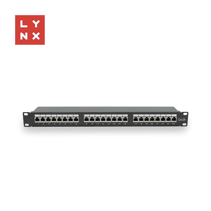 LYNX patch panel 19", 24 port, STP Cat6a, fekete, 19"