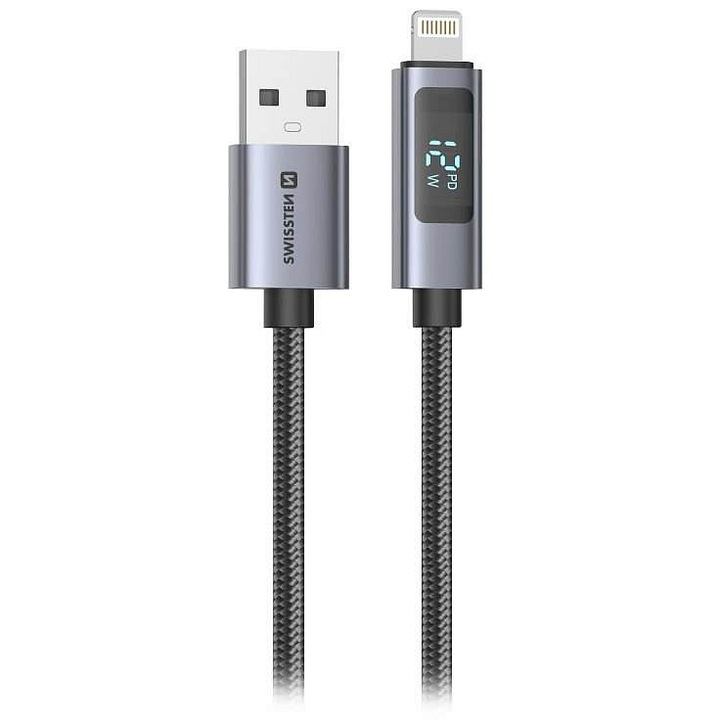 Swissten töltőkábel 1m, LCD, szürke, Lightning-USB