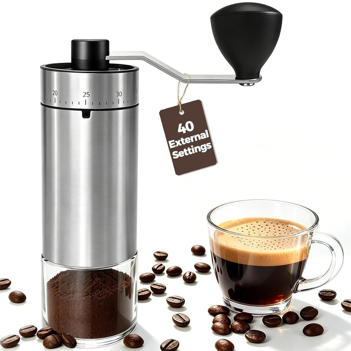 Rasnita Manuala de Cafea, 40 Setari de Macinare Externa, Con Ceramic de Precizie, Capacitate 30g, Portabila pentru Espresso, Pour Over, French Press, Camping si Calatorii, Design din Inox, Argintiu