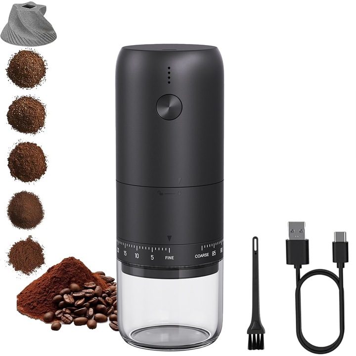 Rasnita Electrica de Cafea, Con Ceramic de Precizie, Incarcare USB-C, 90 Setari Ajustabile, Oprire Automata, Portabila pentru Espresso, Pour Over, French Press, Design Compact, Inox, Negru