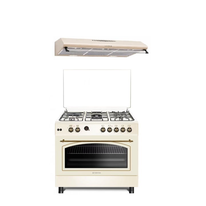 Pachet Aragaz 90/60 cm si Hota Clasica 90 cm, Cuptor gaz, 4 arzatoare gaz + 1 ochi electric, Rotisor, Grill, Gratare fonta, Avena