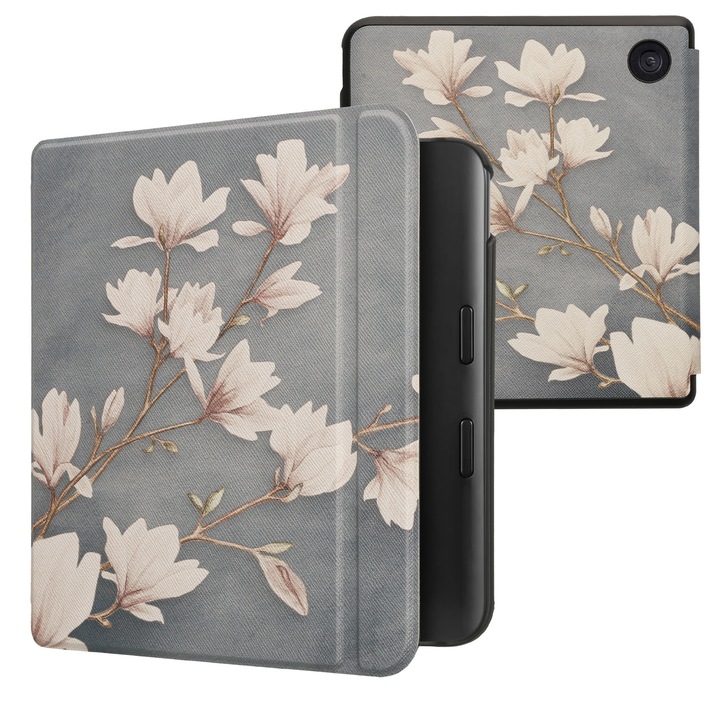 Husa eBook Reader Kwmobile pentru Kobo Libra Colour, inchidere magnetica, design magnolii, piele ecologica, multicolor