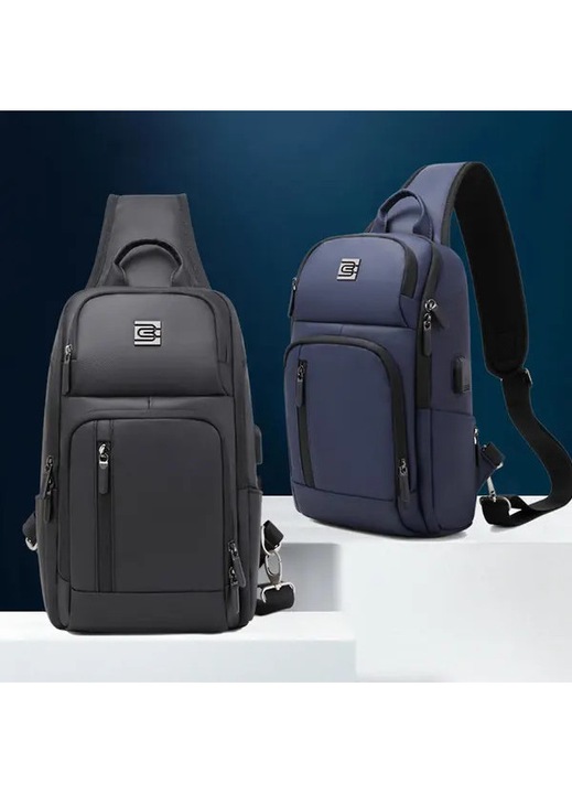 Férfi crossbody táska, fekete, USB port, lopásgátló