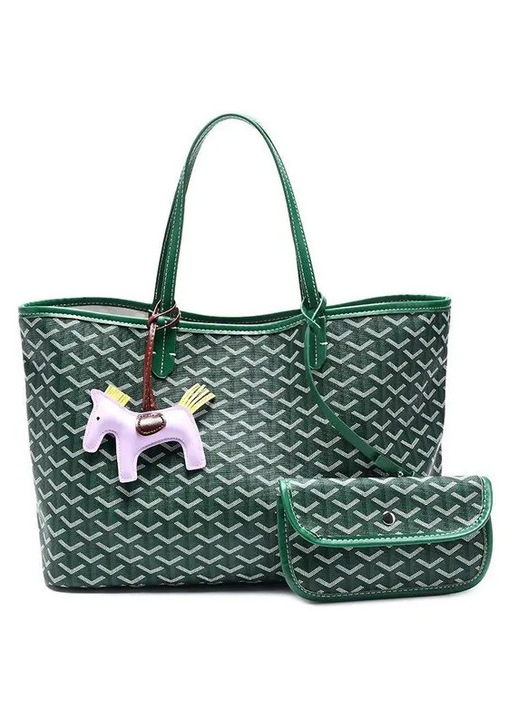 Geanta dama, model houndstooth, capacitate mare, verde, cu portofel, marime mare