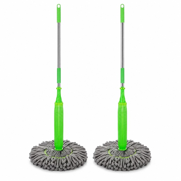 Set 2 Mopuri pentru Pardoseli, cu Stoarcere Automata si Cap din Microfibra, Verde/Gri