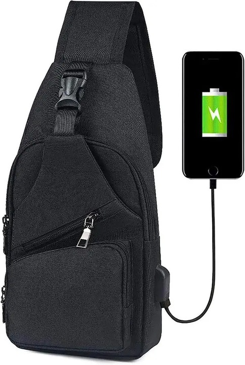 Férfi crossbody táska, fekete hátizsák, USB port és fejhallgató