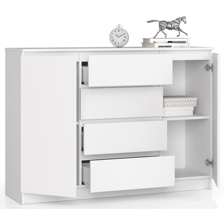 Komód Akord K140, fehér, 138x99x40 cm, 2 ajtó 4 fiók, laminált forgácslap