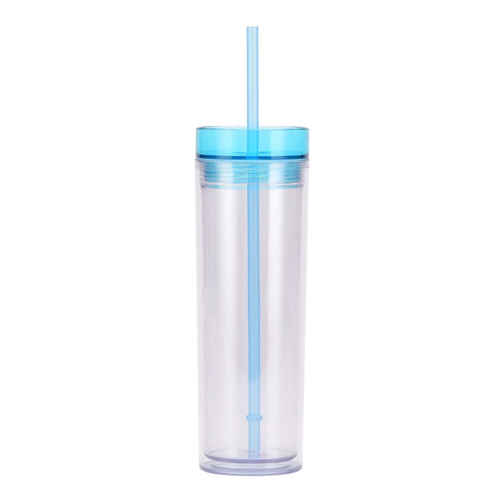 Duplafalú pohár szívószállal 450ml átlátszó színes tetővel