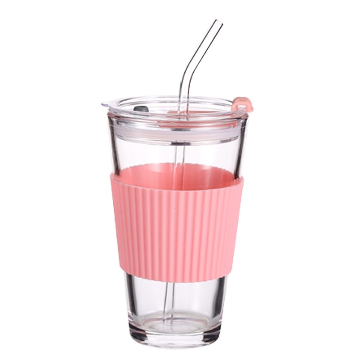 Üvegpohár szívószállal és tetővel, hőálló, 350ml