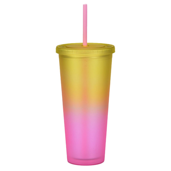 Műanyag pohár szívószállal, 700ml űrtartalom, dupla falú, többszínű, 7x20cm